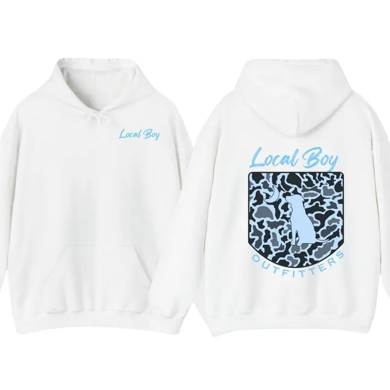 Local Boy Outfitters Hoodie - Classic Camouflage Design Featuring a Dog and Moon Graphic, Perfect for Outdoor Enthusiasts and Casual Wear
