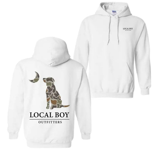 Local Boy Outfitters Hoodie - Classic Camouflage Dog Design Featuring Moon Graphics, country boy clothing, Perfect Outdoor Enthusiasts Fabric Menswear