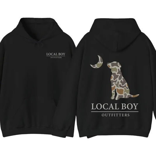 Local Boy Outfitters Hoodie - Classic Camouflage Dog Graphics Hoodie, Perfect for Outdoor and Dog Lovers, Unisex Hoodie Comfort and Style