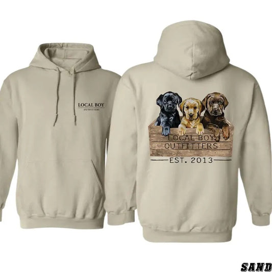 Local Boy Outfitters Hoodie Sweatshirt T-shirt - Adorable Labrador Puppies in Crate Design, Perfect for Dog Lovers and Outdoor Enthusiasts, Unisex Hoodie Offering Comfort and Style, Showcasing Southern Pride and Love for Dogs and the Outdoors Menswear
