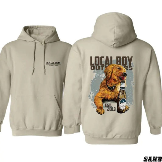 Local Boy Outfitters Hoodie Sweatshirt T-shirt - Fun Dog and Bottle Graphic for Outdoor and Adventure Enthusiasts, Unisex Hoodie, Ideal for Casual Outings, Nature Walks, and Weekend Adventures, Perfect for Dog Lovers and Outdoor Fans