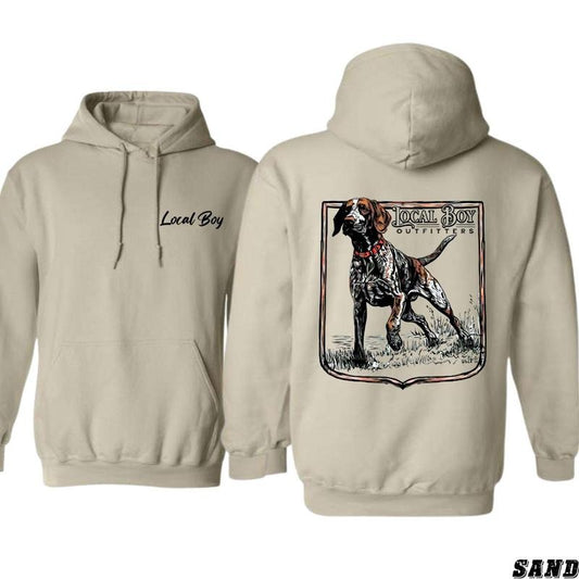 Local Boy Outfitters Hoodie Sweatshirt T-shirt - Stylish Hunting Dog Graphic for Outdoor Enthusiasts, Unisex Hoodie for Adventure and Comfort, Ideal for Hunting Trips and Outdoor Activities