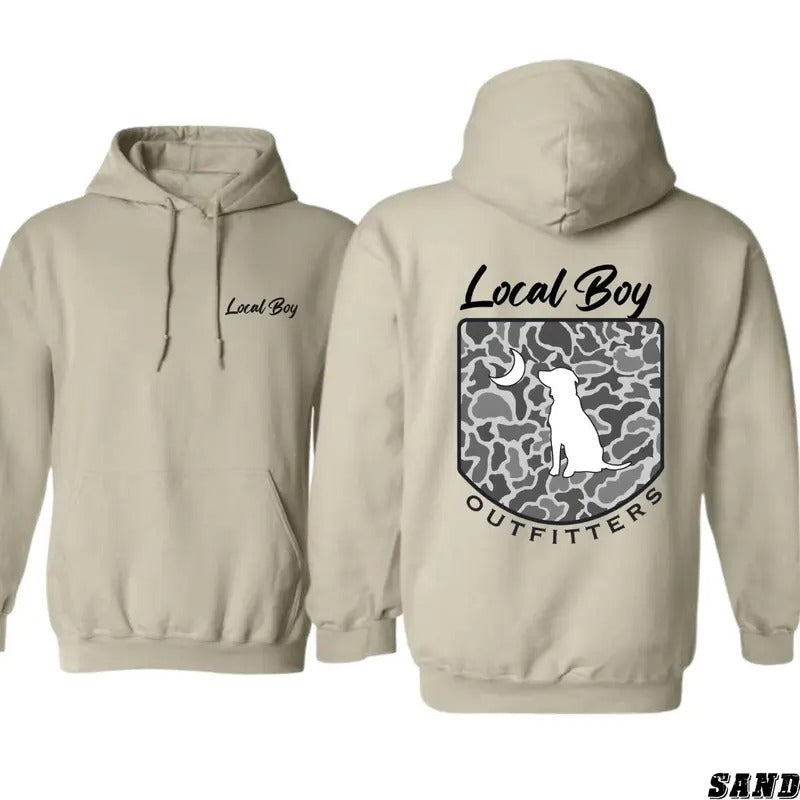 Local Boy Outfitters Hoodie Sweatshirt T-shirt, Classic Camouflage Design Featuring a Dog and Moon Graphic, Perfect for Outdoor Enthusiasts and Casual Wear, Unisex Hoodie for Everyday Comfort and Adventure Menswear Sweaters