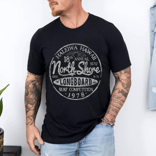 Long Board North Shore Surf Vintage Hawaii Beach T-Shirt | Unisex Cotton Tee, Short Sleeve, Size S-3XL