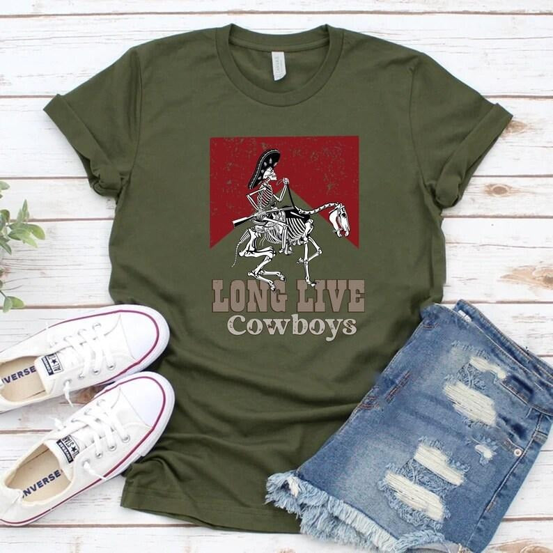 Long Live Cowboy Tshirt - Green Cotton Crewneck with Skeleton Design, Featuring Western Theme, Comfortable Summer Wear