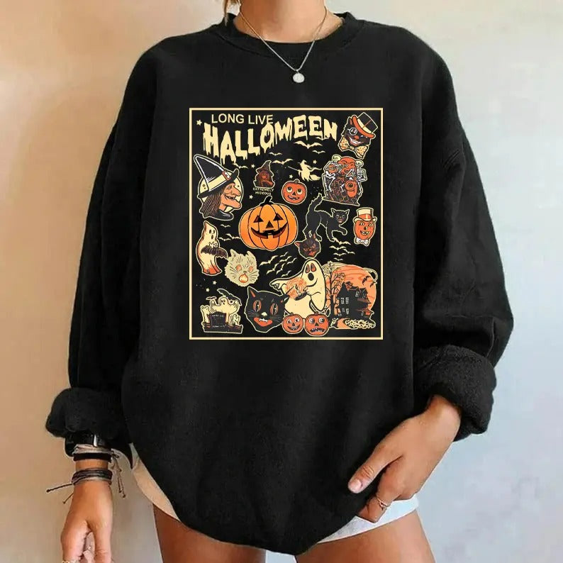 Long Live Halloween Sweater, Retro Halloween Shirt, Vintage Halloween Shirt, Retro Halloween Sweatshirt, Fall Sweater, Spooky Season Tee Pumpkin Shirt Black Cat