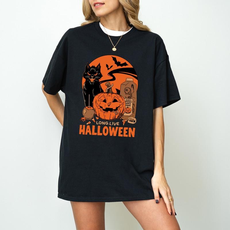 Long Live Halloween Sweatshirt, Black Cat Halloween Shirt, Vintage Halloween Sweatshirt, Witchy Pumpkin Black Cat Shirt, Vintage 90s Halloween Shirt Polyester