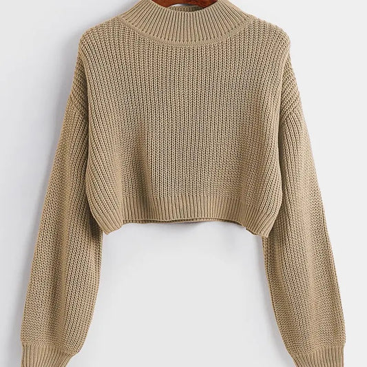Long Sleeve Mock Neck Cropped Sweater Drop Shoulder Pullover Sweater Lantern Sleeve Ribbed Knit Crop Top