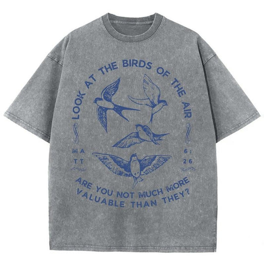 Look At The Birds Of The Air Unisex Washed T-Shirt, Christian t shirts, Vintage 90s Graphic Tee Gift Cotton Top Womenswear, Mineral color