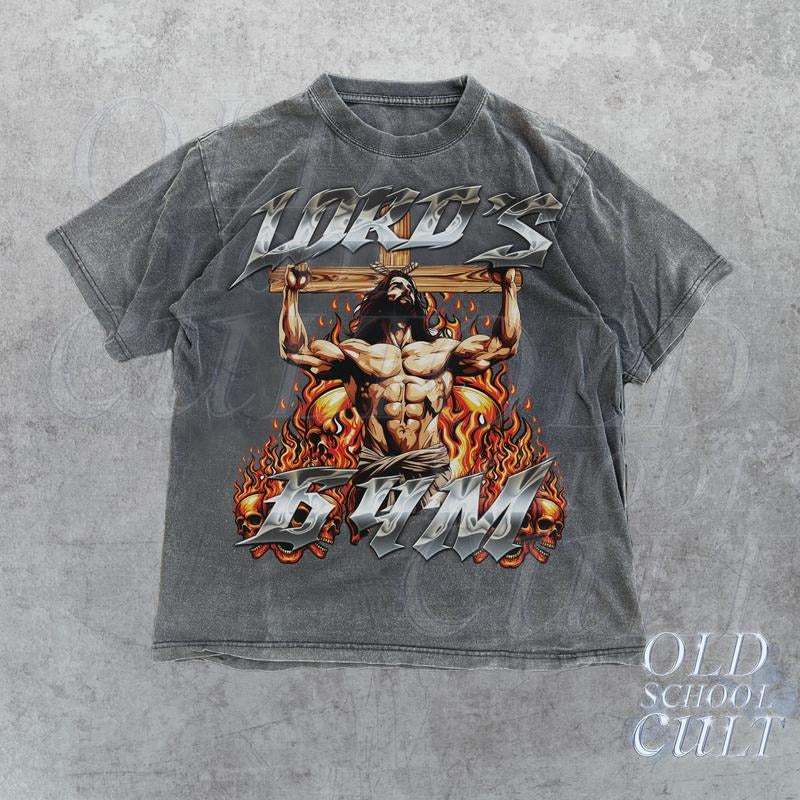Lords Gym Flames Vintage 90s Graphic Shirt, Jesus Cross Pump Cover Skull Shirt, Gothic Gym Shirt, Christian Gifts, Retro Y2k Gym Wear