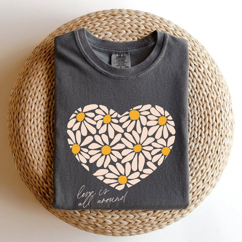 Love Is All Around, Daisy, Heart, Comfort Colors Tshirt, Valentine's Day, Valentine's Day Comfort Colors Tshirt, Women's Graphic Tee, Love, Heart, Cupid
