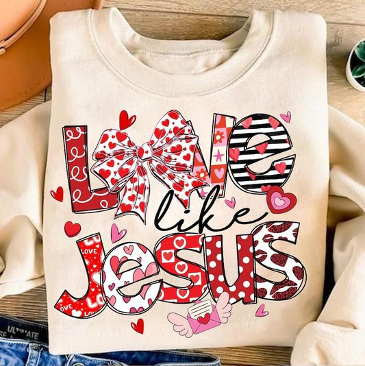 Love Like Jesus Sweatshirt Coquette Valentine Heart Bow , Christian Jesus Valentines , Retro Valentine , Valentines Day , Bible Verse