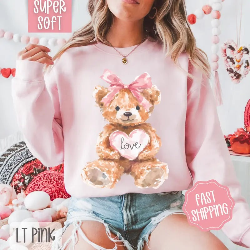 Love Teddy Bear Sweatshirt, Valentine's Day Crewneck, Holiday Women's Sweater
