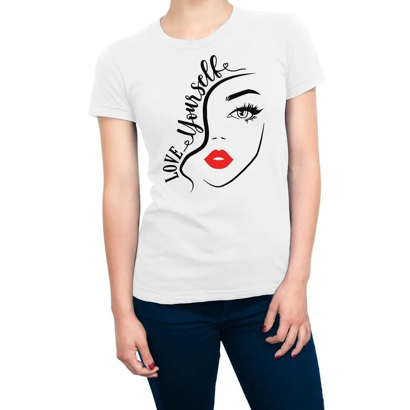 Love Your Self Women's Casual Crewneck T-Shirt with Printed Design and Red Accents