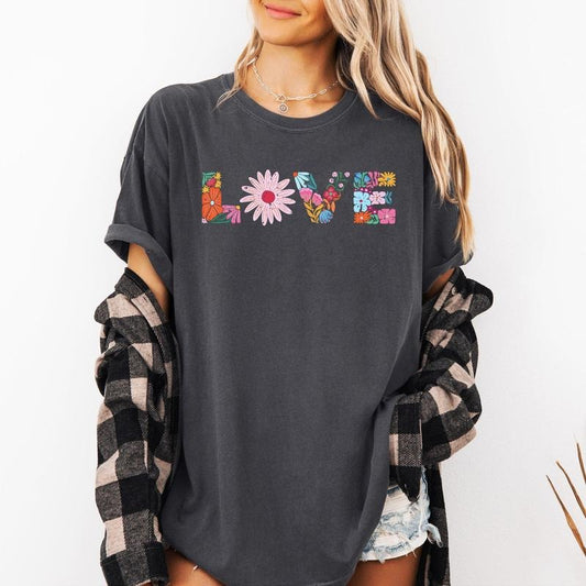 Love, Retro, Distressed, Flowers, Floral, Comfort Colors T-Shirt, Women's Comfort Colors Tee