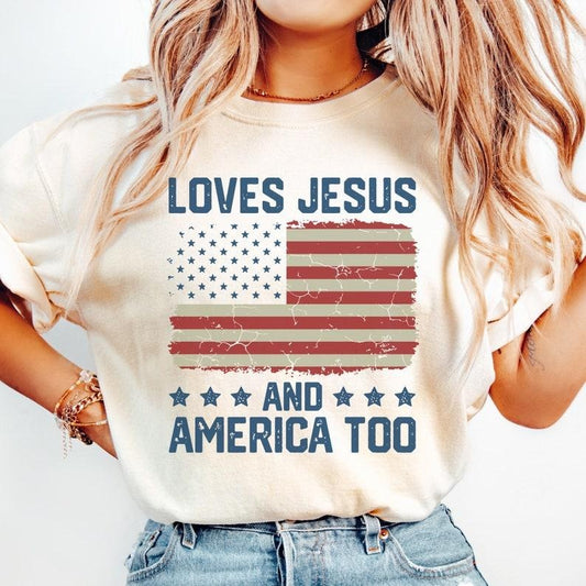 Loves Jesus and America Too t shirt Spiritual women tee Religions print tshirt Gifts for religious friends Love like Jesus I love Jesus
