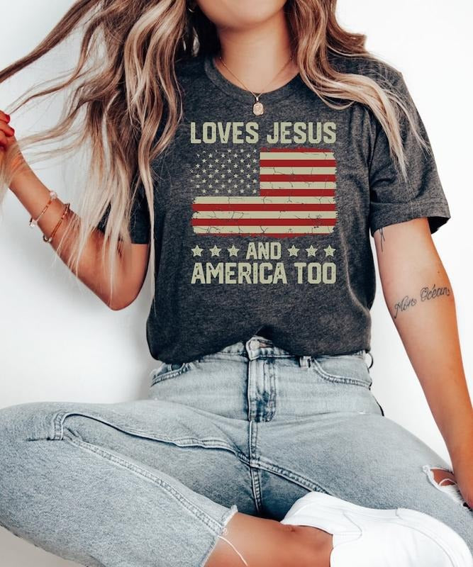 Loves Jesus and America Too t shirt Spiritual women tee Religions print tshirt Gifts for religious friends Love like Jesus I love Jesusstyle{n002}2