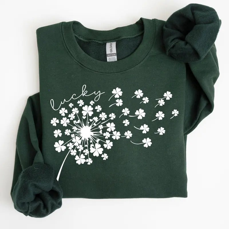 Lucky Dandelion, Clover, Irish, Lucky Charm, St Patrick's Day Sweatshirt, Crew Neck, Women's, Crewneck