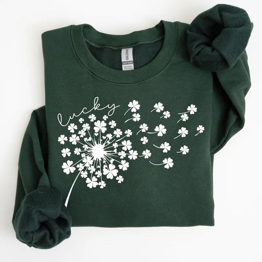 Lucky Dandelion, Clover, Irish, Lucky Charm, St Patrick's Day Sweatshirt, Crew Neck, Women's, Crewneck
