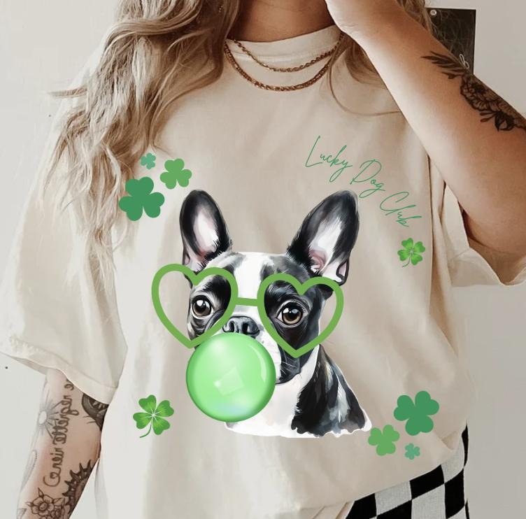 Lucky Dog Boston Terrier Shirt ~ Unisex Apparel Relaxed Fit Printed In The USA Clothing Womenswear Casual Comfort Cotton Top Athletic Boho Chic