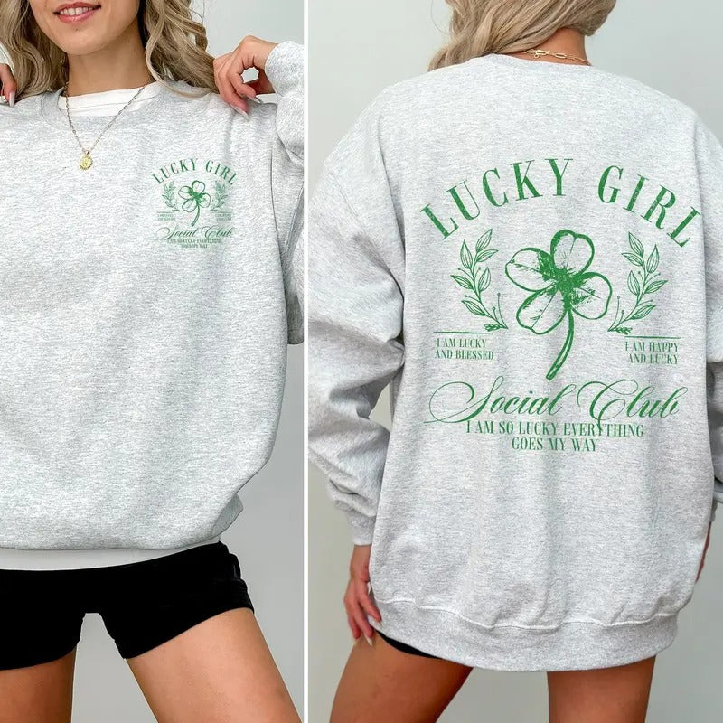 Lucky Girl Social Club, St Patrick's Day, Shamrock, Clover, Lucky, Leprechaun Sweatshirt, Crew Neck, Women's, Crewneck