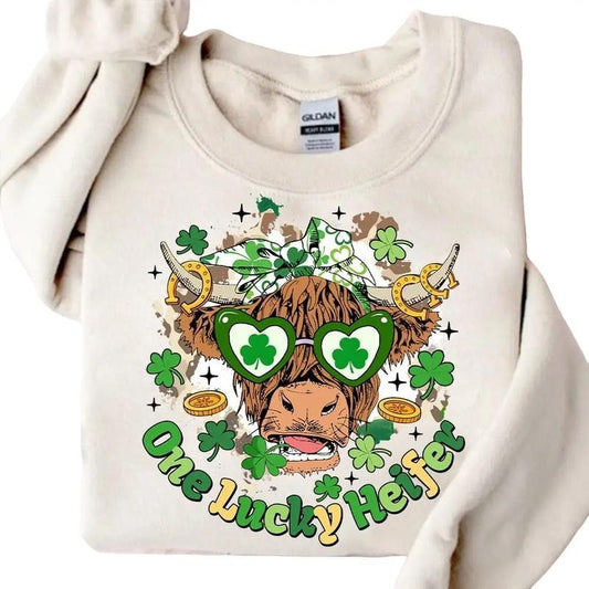 Lucky Heifer Sweatshirt, Highland Cow Shirt, Retro St Patricks, St Patrick's Day Sweater, Clover, Shamrock Tee, St Patrick's Day Sweatshirt, Gift For Family Friends, Long Sleeve Tee Crewneck