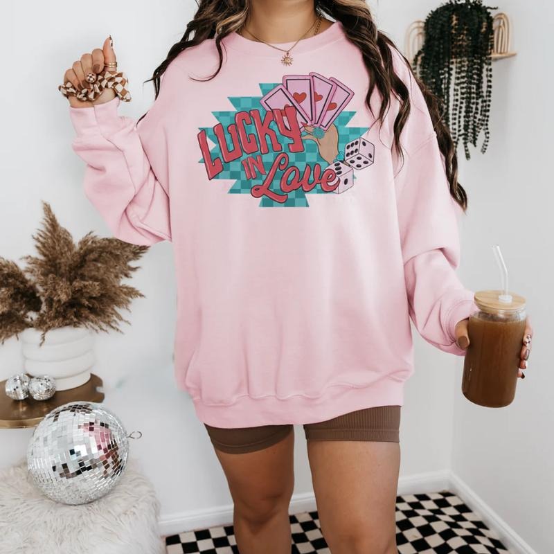 Lucky In Love sweawtshirt, Retro Valentine crewneck shirt for women, western outfits women, western clothing stuff for women, country girl clothes hoodies