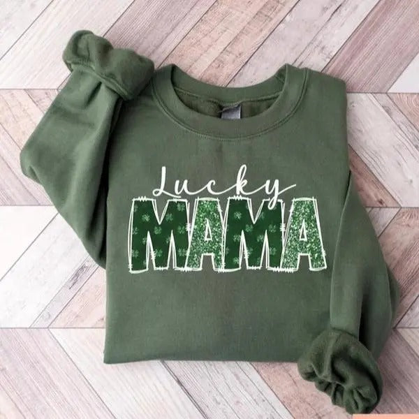 Lucky Mama tshirt-sweatshirt-hoodie, Mama St Patrick's Day T-shirt, Retro Mama Shirt, Irish Mama Gift, Lucky Shamrock Crewneck, St Paddy's Outfit