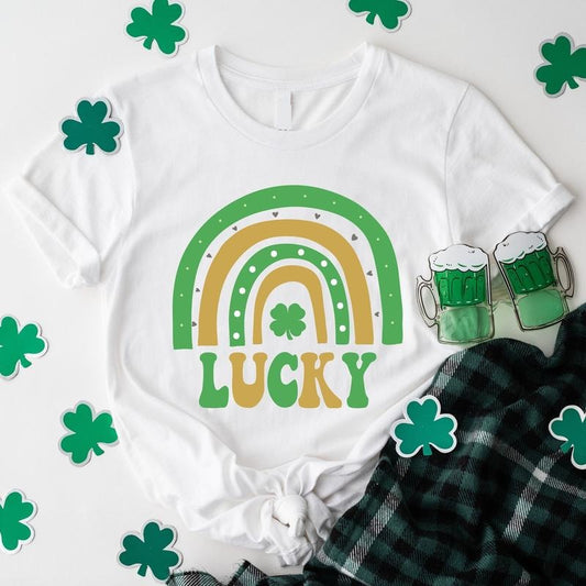 Lucky Rainbow Shirt, St Patrick T-Shirt, Unisex Clover Short Sleeve, Lucky Vibes Shirt, Green Rainbow Shirt.