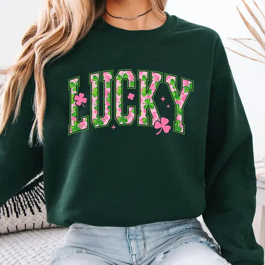 Lucky St Patrick's Day Sweatshirt, Lucky Pink Shamrock T-Shirt, St Patty Day Shirt, Shamrock Four Leaf Clover Sweater, Lucky Vibe Tee Shirt