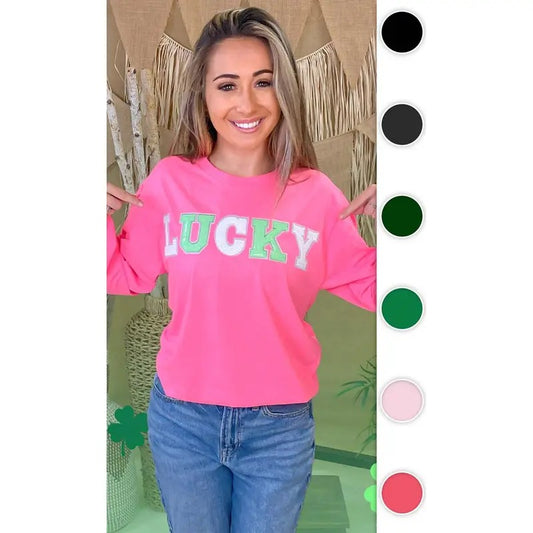Lucky St Patricks Day Sequin Graphic Long Sleeve Shirt