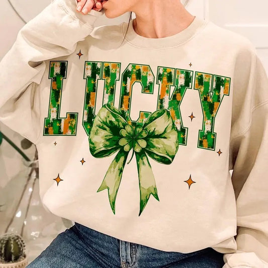 Lucky St.Patricks Day Coquette t-shirt,sweatshirt,hoodie, St Patricks day sweatshirt, Retro St.Patricks tshirt, Irısh hoodie, St.Patrick Bow sweatshirt, Green Shamrock hoodie