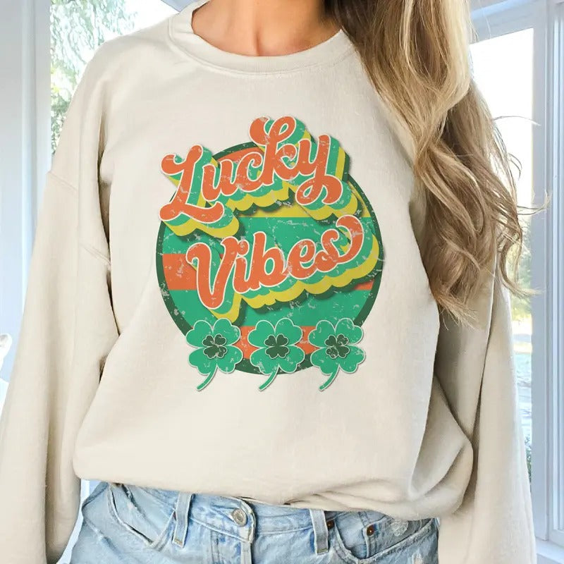 Lucky Vibes Retro Sweatshirt Clover Lucky Vibes Pullover Shamrock Vintage Sublimation Hoodie Womens St. Patricks Day Lucky Sweatshirt