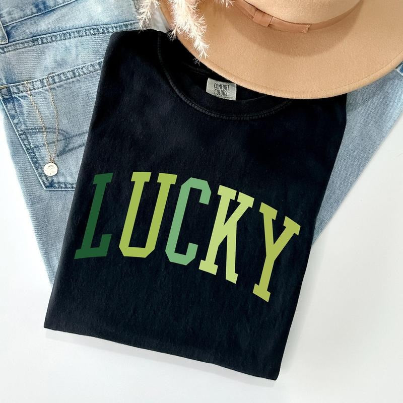 Lucky, Collegiate, St Patrick's Day Comfort Colors Tshirt, Women's Crew Neck, Crewneck