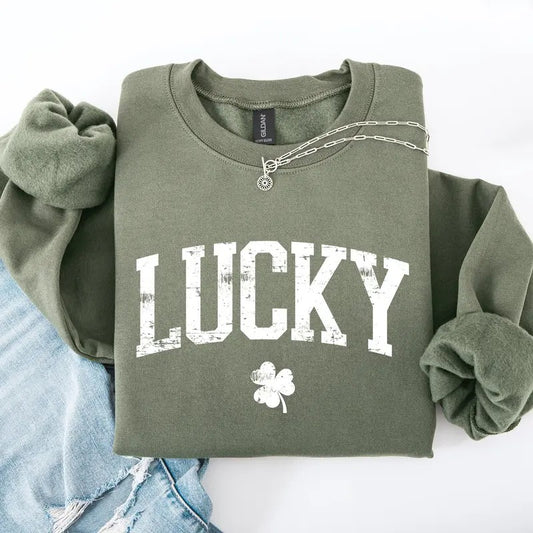 Lucky, Collegiate, Varsity, St Patrick's Day, Shamrock, Clover, Lucky, Leprechaun Sweatshirt, Crew Neck, Women's, Crewneck