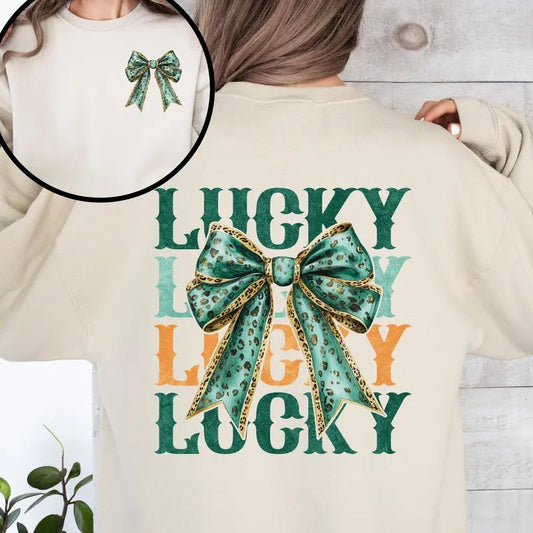 Lucky, St. Paddy's Day, Front and Back, Clover, Shamrock, Lucky Charm, St Patrick's Day Sweatshirt, Crew Neck, Women's, Crewneck