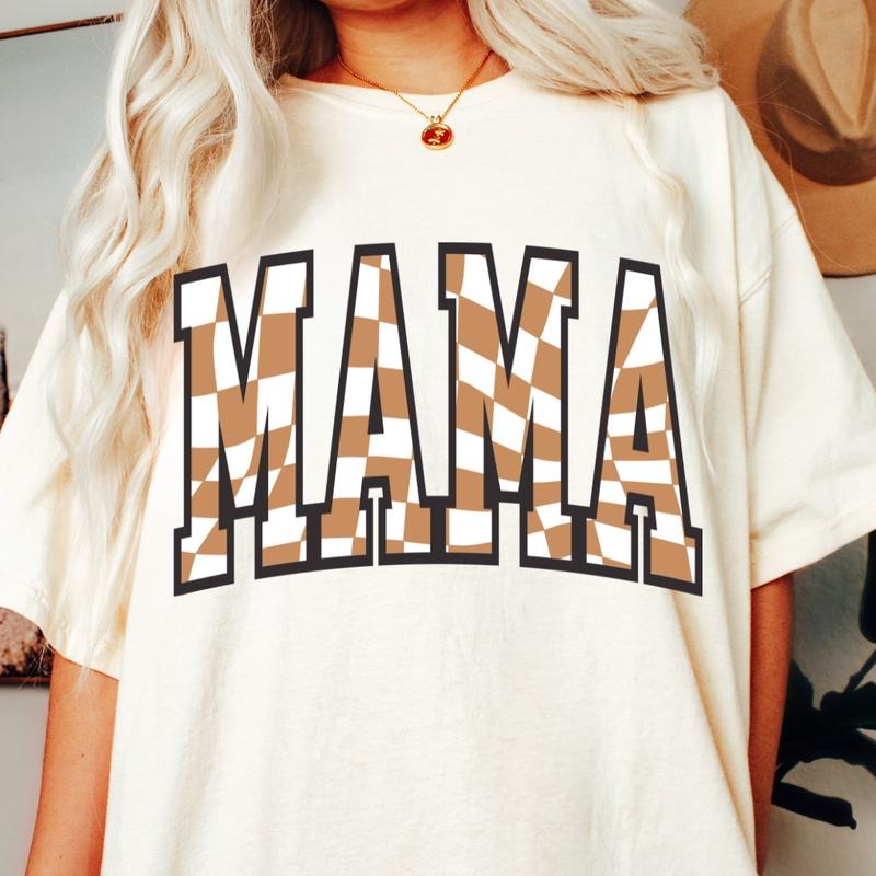 MAMA SHIRT TAN AND WHITE CHECKERED SHIRT, COMFORT COLORS CASUAL COTTON T-SHIRT FOR MOMS Top Womenswear