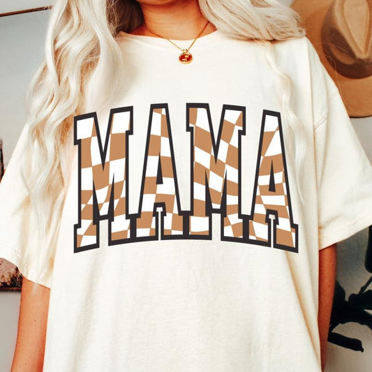 MAMA SHIRT TAN AND WHITE CHECKERED SHIRT, COMFORT COLORS CASUAL COTTON T-SHIRT FOR MOMS Top Womenswear