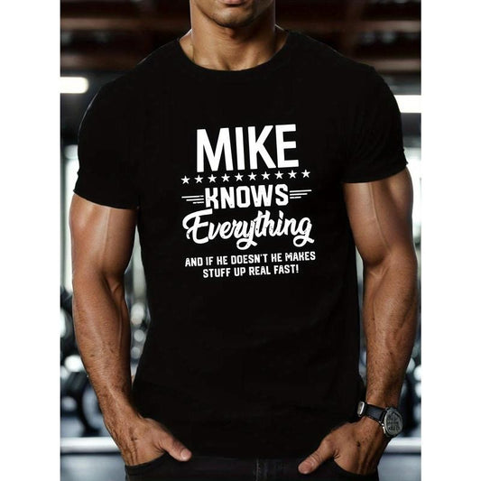 [MIKE Knows Everything Tee] Breathable Cotton Blend Graphic Tee - Men's 'MIKE Knows Everything' Casual Short Sleeve T-Shirt, Crew Neck, Regular Fit, Summer Top with Geometric Design, Machine Washable Made in USA