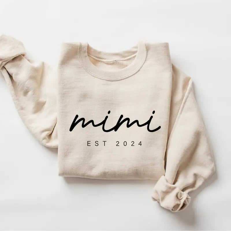 MIMI Est 2024 Sweatshirt, Grandma-life, Mimi Hoodie, New Mom Shirt, Est Sweatshirt, Gift for Mimi Classic Collar Cotton Fabric