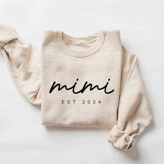 MIMI Est 2024 Sweatshirt, Grandma-life, Mimi Hoodie, New Mom Shirt, Est Sweatshirt, Gift for Mimi Classic Collar Cotton Fabric