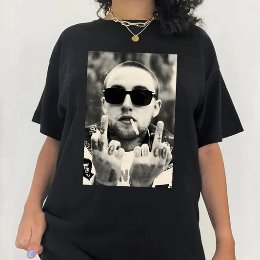 Mac M Middle Finger Tee Short Sleeve Casual Top Cotton Crewneck with Graphic Print