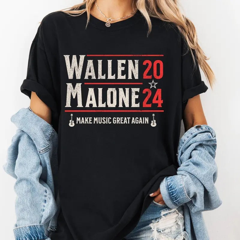Make Music Great Again Wallen Tour Shirt 2024, Country Music Shirt, Wallen Malone 2024 Shirt, Country Concert Shirt, Cowboy Wallen Shirt, Cotton Round Neck Tee, Unisex T-shirt for Men and Women Comfort Top Womenswear Tshirt