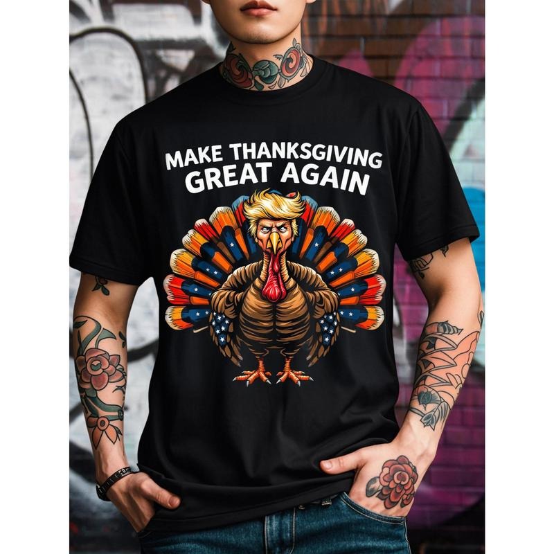 Make Thanksgiving Great Again" Trump Turkey Graphic Tee - 100% Cotton, Comfort Fit Crew Neck T-Shirt for Men - Perfect Gift for Husband, Dad, Grandpa made in usa
