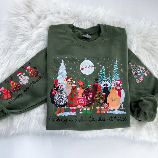 Making a List Chicken it Twice Christmas Sweatshirt or Hoodie with sleeve print Comfy Sublimation Tops Menswear Unisex Oversized Pullover