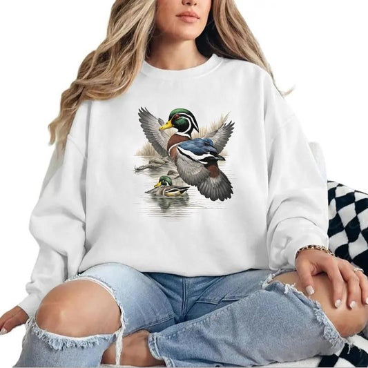 Male Wood Duck And Mallards On Lake Unisex Tshirt Sweatshirt Hoodie, for duck hunters, husbands and Mallard duck lovers Cotton Womenswear