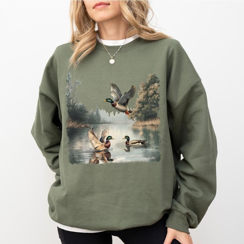 Mallard Ducks Vintage Sweatshirt, 90s Waterfowl Duck Crewneck, Fall Pond Retro Long Sleeves Pullover, Duck Lovers Sweater