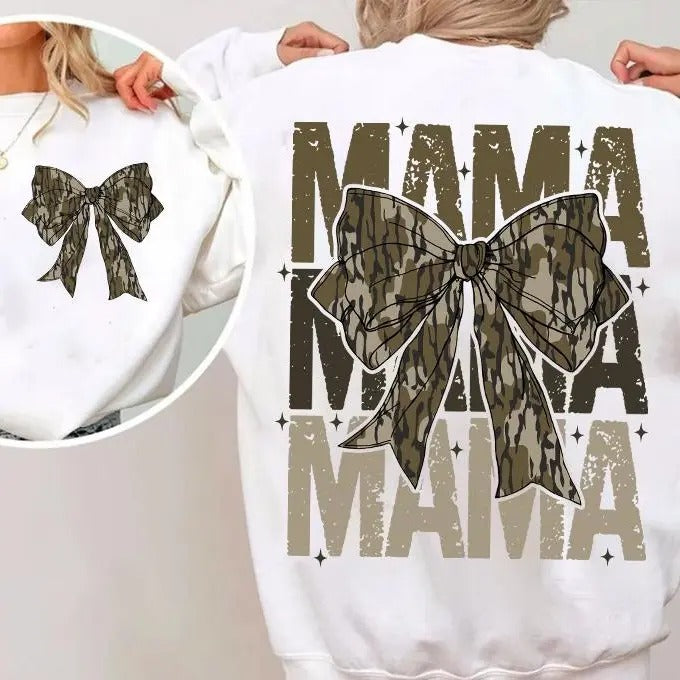 Mama Camo Coquette Bow Oversized Print 2 Sides Sweatshirt, Old School Camo Shirt, Retro Camo Coquette Bow Tee, Camo Womenswear, Mother's Day Gift