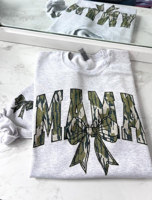 Mama Camo Coquette Bow with Sleeve, Front and Back Prints on Graphic Sweatshirt or Hoodie Unisex T-Shirt Womenswear Crewneck Casual Tshirt Top