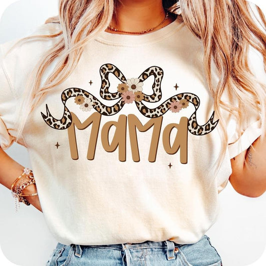 Mama Leopard Coquette T-Shirt, Mama Bow T-Shirt, Leopard Bow T-Shirt, Trendy Mama , Boho Flower Mama T-Shirt, Mama T-Shirt, Floral Mama T-Shirt